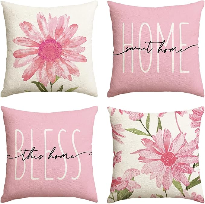 AVOIN colorlife Home Sweet Home Spring Summer Flowers Pink Throw Pillow Covers, 20 x 20 Inch Cushion Case for Sofa Couch Set of 4