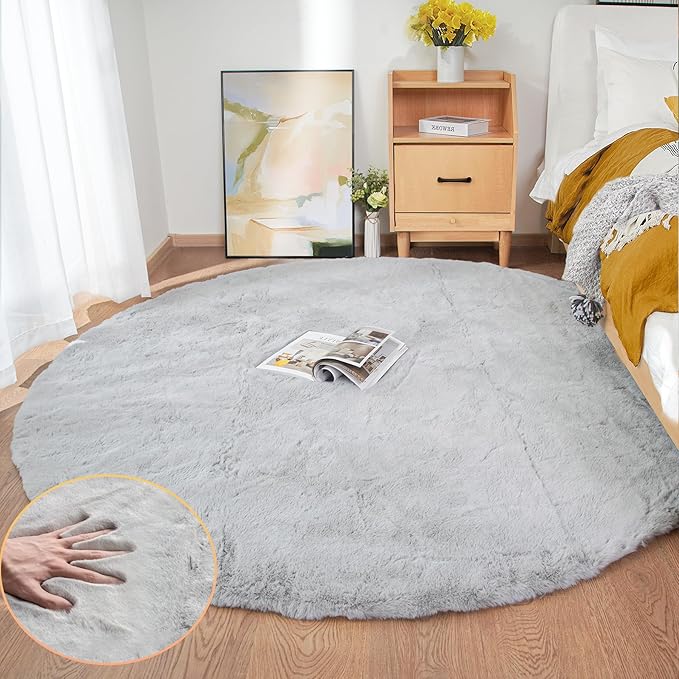 ORINOVA Silver Grey Round Rugs 8ft Shag Washable Area Rugs for Bedroom Faux Bunny Fur Circle Rug for Living Room Large Sheepskin Nursery Rug Home Décor