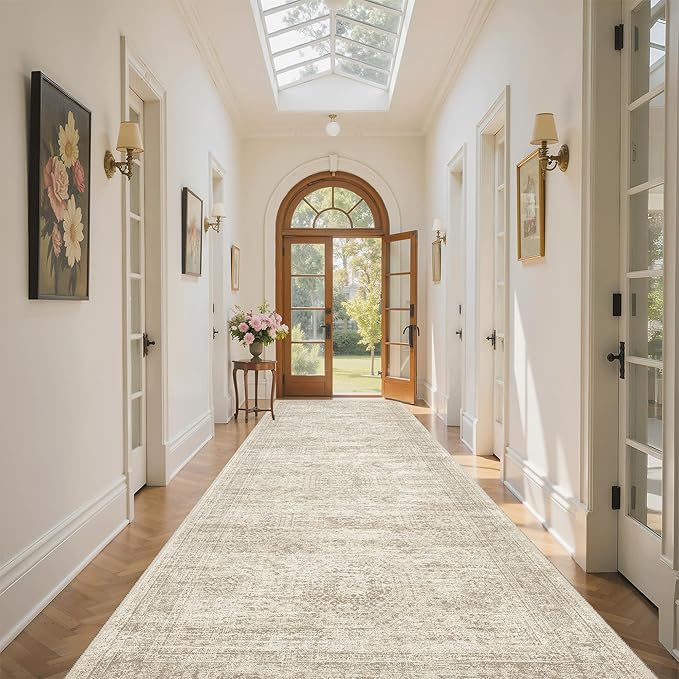 Soalmost 4x12 Wide Hallway Runners: Washable 12ft Runner Rug for Entryway Living Room Soft Vintage Non Slip Carpet Runner for Kitchen Dining Room Nursery Bedroom (Beige, 4x12ft)