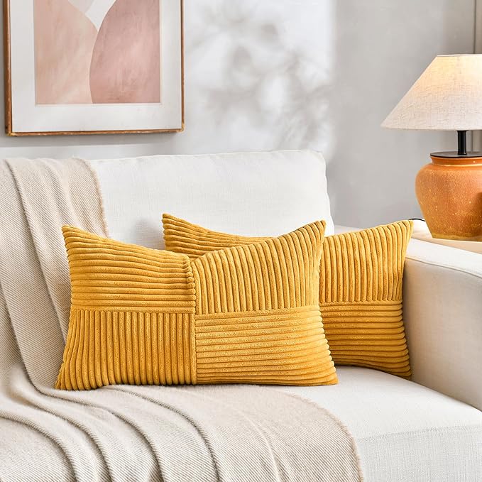 Fancy Homi 2 Packs Gold Yellow Lumbar Decorative Throw Pillow Covers 16x24 Inch for Couch Bed Sofa, Rustic Farmhouse Boho Spring Home Decor, Soft Striped Corduroy Rectangle Accent Cushion Case 40x60cm
