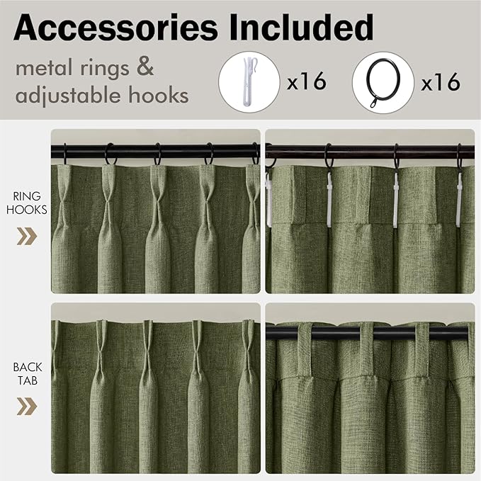 MIULEE Olive Green Pinch Pleated Linen Curtains 96 Inches Long 2 Panels for Living Room Bedroom, Linen Texture Memory Trained Drapes Back Tab Semi Sheer Moss Green Window Curtains with Hooks&Rings