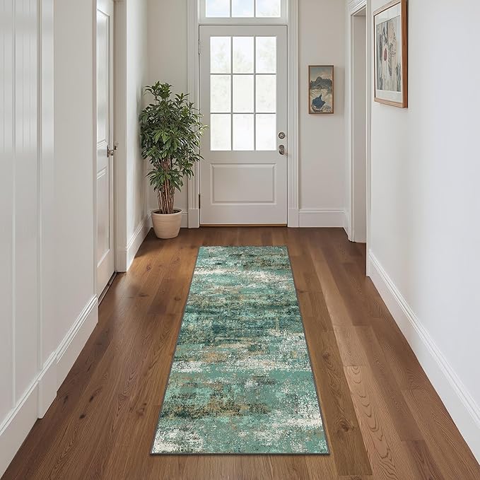 Runner Rug for Hallway Kitchen, 2x6 Machine Washable Runners Rug for Entryway, Soft Modern Abstract Throw Rugs, Low Pile Floor Cover with Non Slip Backing, Turquoise