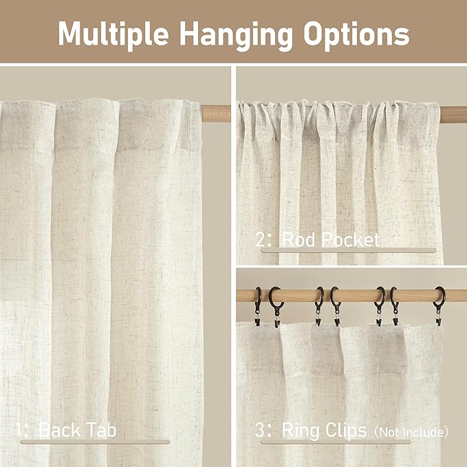 LAMIT Cream Ivory Linen Curtains 95 Inches Long 2 Panels Set for Bedroom, Back Tab and Rod Pocket Linen Textured Natural Curtains Light Filtering Boho Drapes for Living Room/Dining Room, 52 x 95 Inch