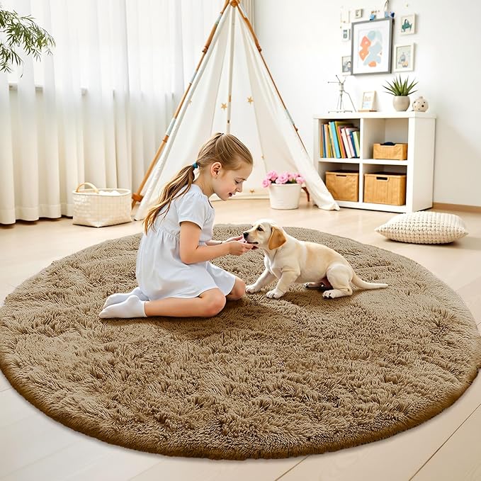 OLANLY Taupe Round Rugs for Bedroom - Machine Washable, 9 ft Circle Area Rugs for Living Room, Soft and Fluffy Shaggy Carpet for Teen Girl and Boys, Nursery Rooms, Dorms, Home Decor Aesthetic