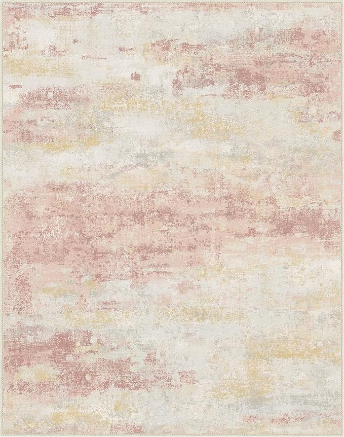 Area Rugs 8x10 for Living Room Bedroom, Modern Abstract Machine Washable Rug, Large Soft Low Pile Floor Carpet with Non Slip Backing for Dining Room, Pink/Cream