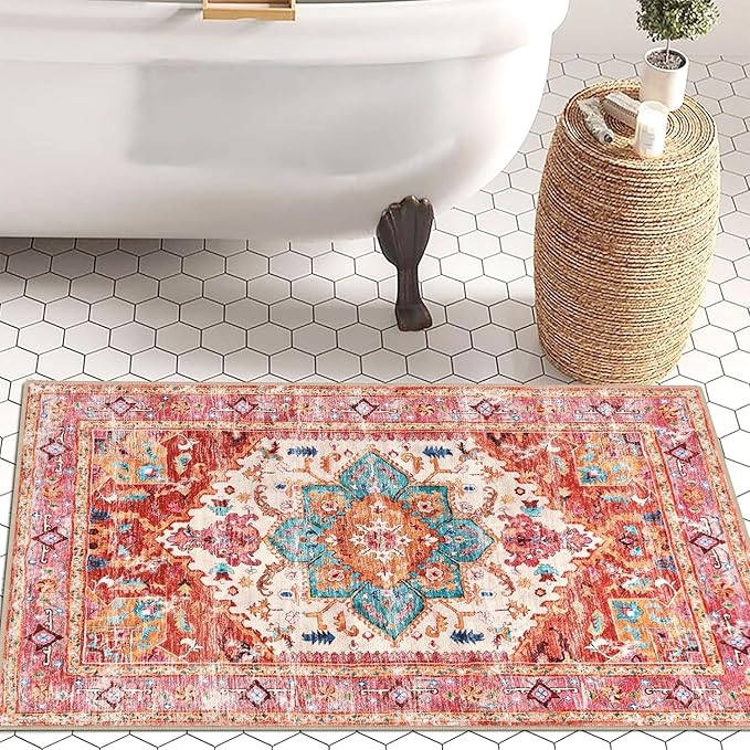 Yamaziot Washable Area Rug, 2x3 Small Entryway Rug Non-Slip Boho Vintage Rug with Rubber Backing, Low Pile Faux Wool Distressed Floor Carpet for Indoor Door Mat, Kitchen, Laundry (Pink)