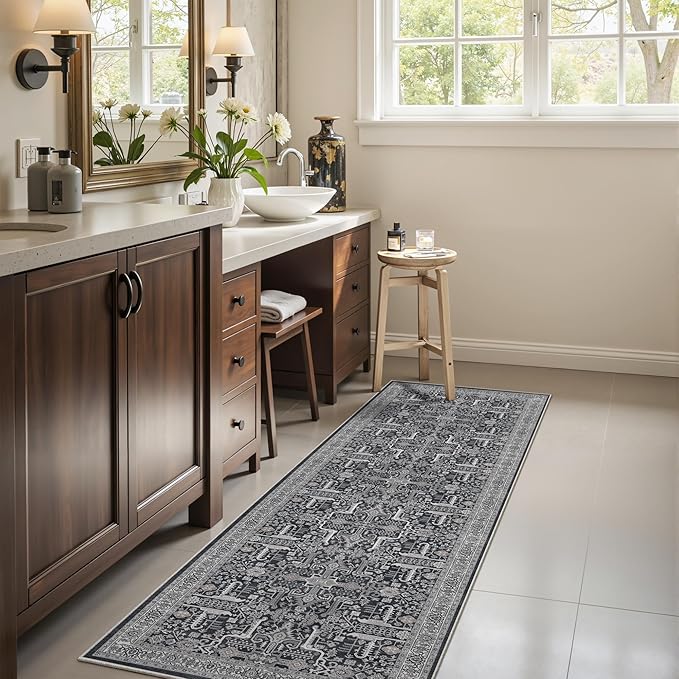 2x6 Hallway Washable Runner Rug - Soft Non Slip Vintage Rugs for Entryway Low-Pile Farmhouse Neutral Kitchen Runners Living Room Floor Mat Stain Resistant Distressed Carpet for Bedroom Bathroom Black