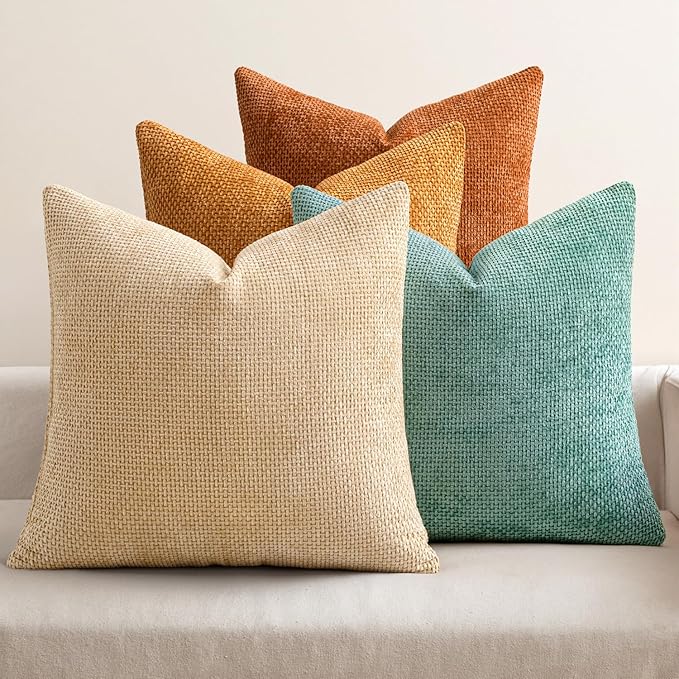 MIULEE Pack of 4 Orange/Teal Couch Throw Pillow Covers 20x20 Inch Yellow Green Soft Decorative Chenille Pillows Farmhouse Accent Cushions for Boho Home Decor Spring Sofa Bedroom Living Room