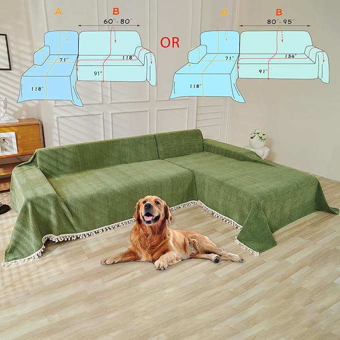 HANDONTIME Green Sofa Cover Vintage Couch Cover for Dogs 91" X118" Couch Cushion Covers with Tassel Herringbone Sofa Cover Boho Sofa Covers for 3 Cushion Couch Chenille Soft Loveseat Sofa Covers