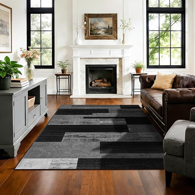 LIANLAM 3x5 Washable Area Rugs for Living Room and Bedroom, Vintage Checkered Pattern Non-Slip Carpet, Stain Resistant Low Pile Soft Rug for Dining Room,Office,Nursery,Kids Room(3x5,Gray)