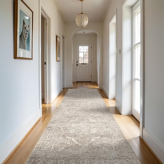 Hallway 3x10 Runner Rug - Vintage Non-Slip Long Rug for Entryway Low-Pile Washable Medallion Runner Rugs Waterproof Traditional Runner Rug Indoor Thin Rug for Kitchen (Distressed Beige & Ivory)