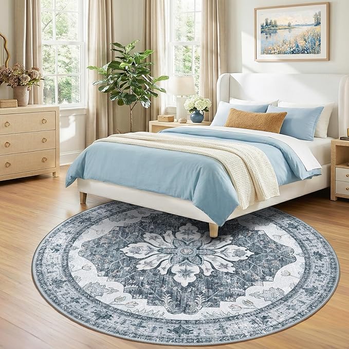 Area Rugs 8ft Washable Non-Slip, Floral Vintage Distress Print Pattern Medallion Carpet for Living Room Bedroom Dining Room, Light Gray Grey White