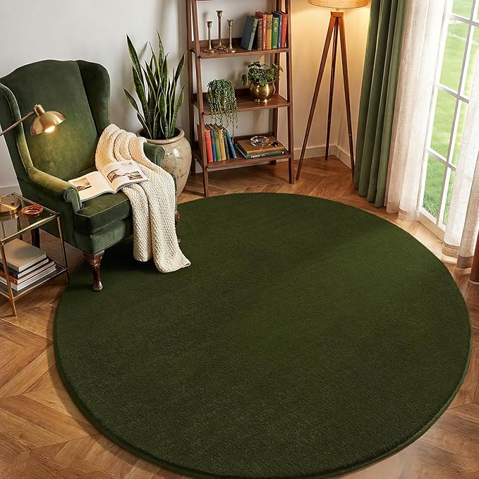 Amearea Olive Green Round Area Rugs 4ft Washable Circle Rugs for Bedroom Living Room, Fluffy Indoor Thickened Memory Foam Rug, Non Slip Minimalist Circular Carpet for Kids Boy Girl Dorm Nursery Room