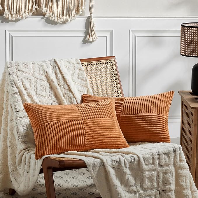 Fancy Homi 2 Packs Burnt Orange Lumbar Decorative Throw Pillow Covers 16x28 Inch for Living Room Couch Bed Sofa, Farmhouse Boho Home Decor, Soft Striped Corduroy Rectangle Accent Cushion Case 40x70 cm