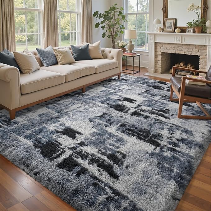 8x10 Ft Extra Large Shag Rugs for Living Room, Tie Dyed Ultra Soft Fluffy Furry Area Rugs for Bedroom Indoor Floor, Aesthetic Carpet for Kids Home Decor (Blue)