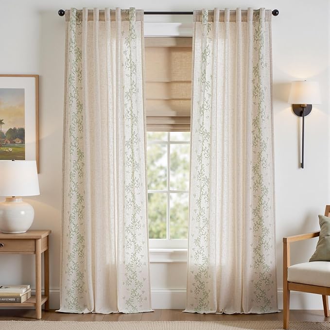 jinchan Evelyn Embroidered Linen Curtains for Living Room Farmhouse Floral Curtains for Bedroom Semi Sheer Light Filtering Window Drapes Rod Pocket Back Tab 2 Panels W50 x L96 Sage Green
