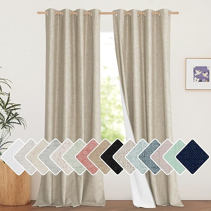 NICETOWN Taupe 100% Blackout Linen Curtains 120 inch Long Burg, Farmhouse Thick Completely Blackout Window Treatment Panels Thermal Insulated Drapes for Living Room (1 Pair, 52" Width Each Panel)