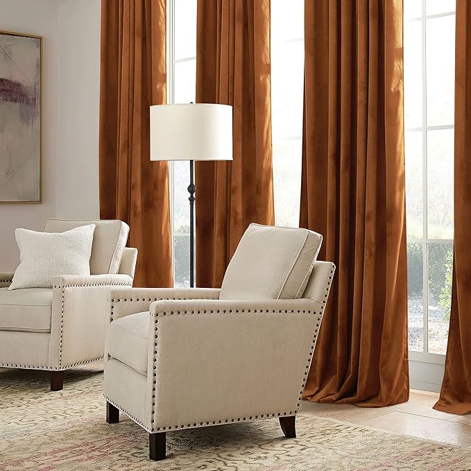 RYB HOME Orange Velvet Curtains 102 inches with Hook Belt, Soft Fabric Room Darkening Thermal Insulated Luxurious Home Decor Curtains for Living Room Bedroom, W 52" x L 102", 2 Panels Set