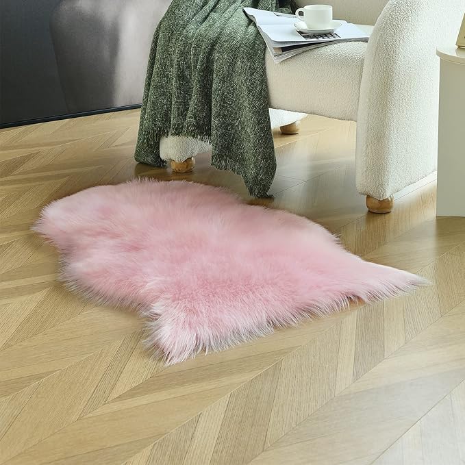 duduta Pastel Pink Rug Faux Sheepskin Fur 2x3 ft, Fluffy Shag Throw Rugs for Girls Bedroom Kids Room Nursery Chair Cover Non Slip