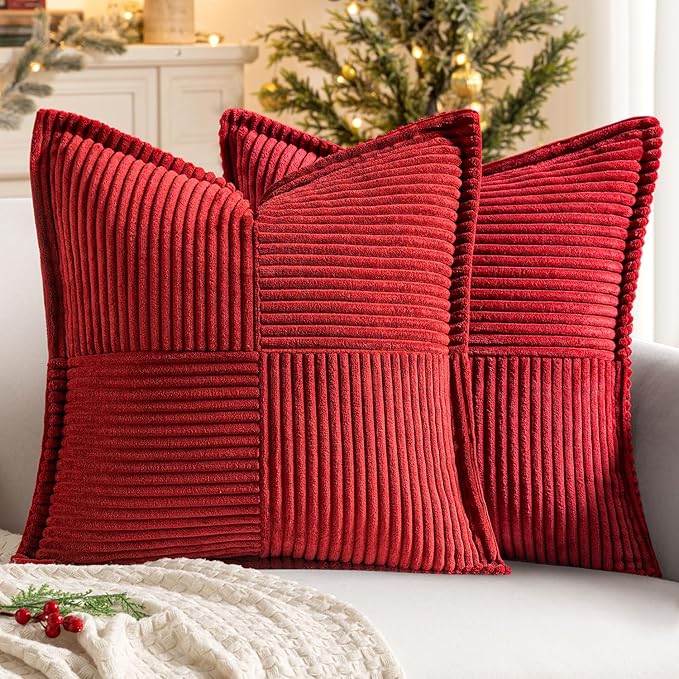 MIULEE Decorative Throw Pillow Covers for Couch Bed Livingroom 16x16 Inch Set of 2 Red Boho Accent Throw Pllows Broadside Striped Patchwork Soft Corduroy Pillowcases