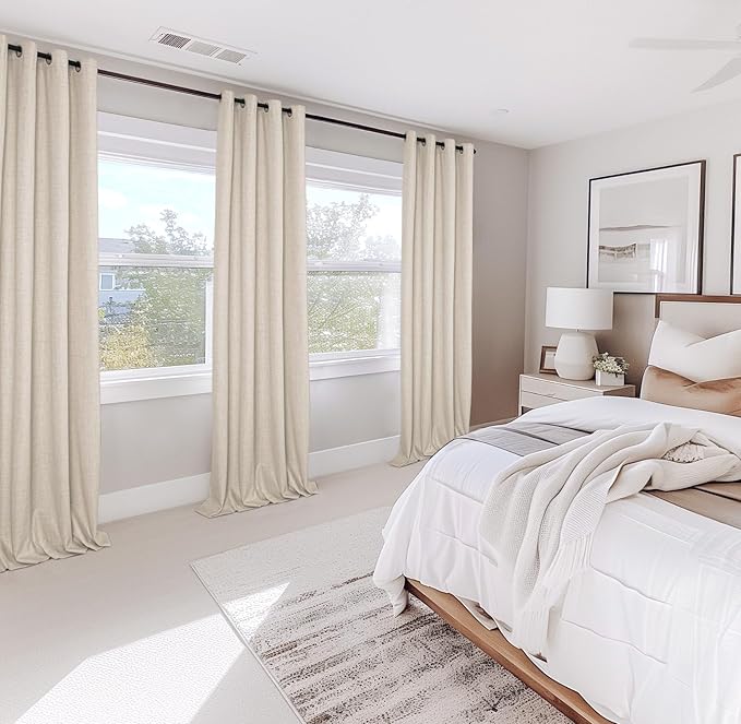 100% Blackout Shield Linen Blackout Curtains for Bedroom, Butter Cream Grommet Curtains for Living Room, Thermal Insulated Room Darkening Drapes for Nursery, Boho Home Decor, 50" W x 63" L, 2 Panels