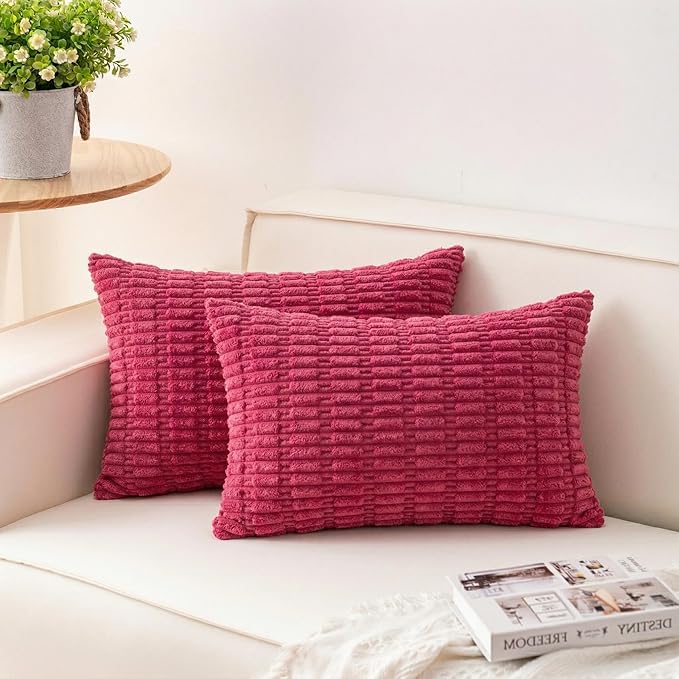 Pack of 2 Corduroy Decorative Throw Pillow Covers 12x20 Inch Soft Striped Pillow Covers Modern Farmhouse Home Decor for Sofa Living Room Couch Bed（Rose Red）