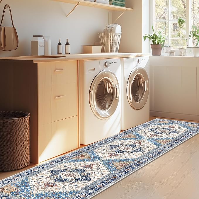 Yamaziot Washable Runner Rug, 2x8 Non-Slip Boho Vintage Hallway Rug with Rubber Backing, Low Pile Faux Wool Distressed Carpet Runner for Bedroom, Kitchen, Laundry, Entrance