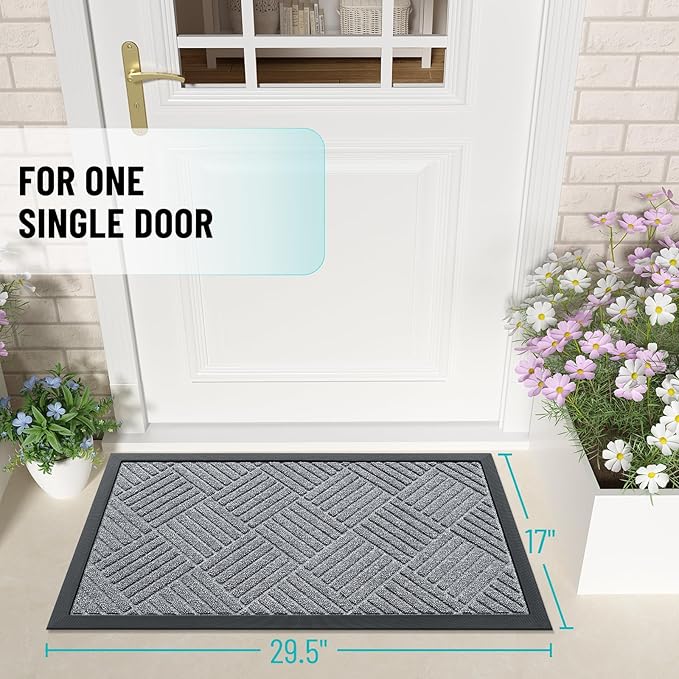 OLANLY Front Door Mat Outside Entrance 29.5x17, Absorbent, Heavy Duty Sturdy Natural Rubber Doormat Indoor Outdoor, Stain Fade Resistant, Non-Slip Low Profile Floor Mat Entryway, Charcoal Gray Diamond