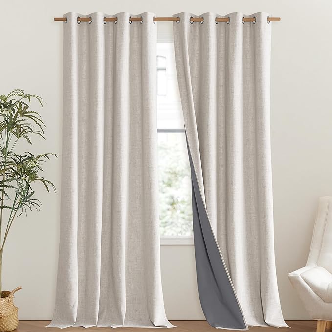 NICETOWN Brich Vintage Open Linen Weave Flax Thermal Curtains, 100% Blackout Curtains 102" Long for Dining Room, Soundproof Window Treatment Drapes for Hall Room, 52" Wide Per Panel, Set of 2