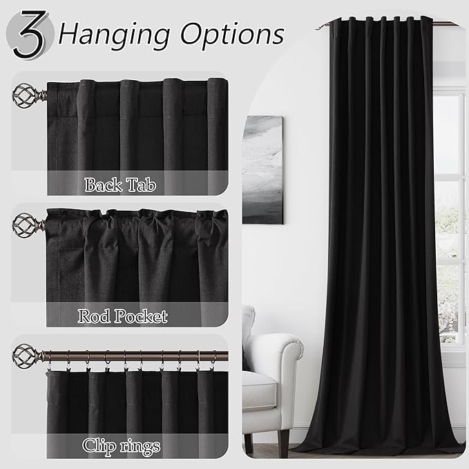 Guken Black 100% Blackout Linen Curtains 72 Inch Length 2 Panels Set for Living Room Bedroom Back Tab Thermal Insulated 100% Black Out Drapes Room Darkening Window Curtains 72 Inches Long