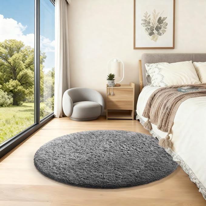 Ophanie Round Rug 3Ft Grey Circle Area Rugs, Fluffy Fuzzy Small Bedroom Carpet 3 Foot, Plush Shag Floor Gray Living Room Christmas Circular Aesthetic Decor for Kids Teen Boys Baby, Nursery, Classroom