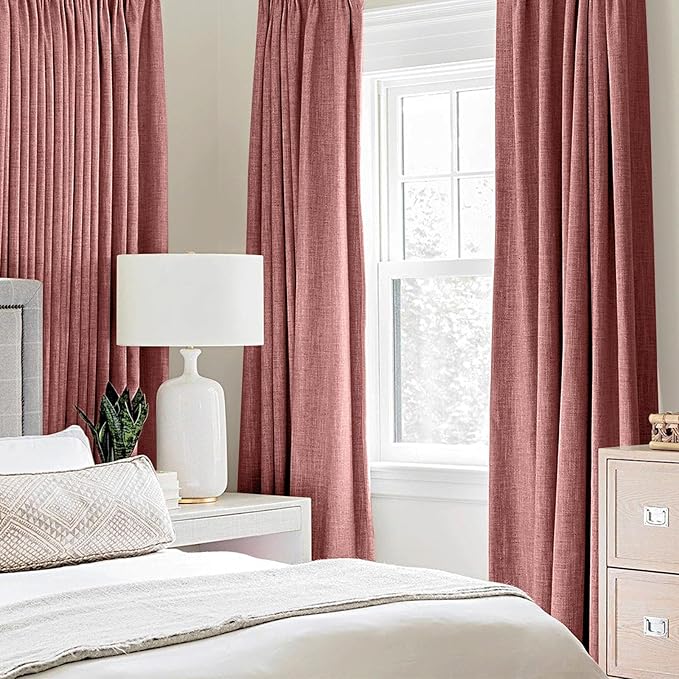 MIULEE 100% Blackout Linen Textured Curtains for Bedroom Solid Thermal Insulated Dusty Rose Grommet Room Darkening Curtains & Drapes Luxury Decor for Living Room Nursery 52 x 90 Inch (2 Panels)