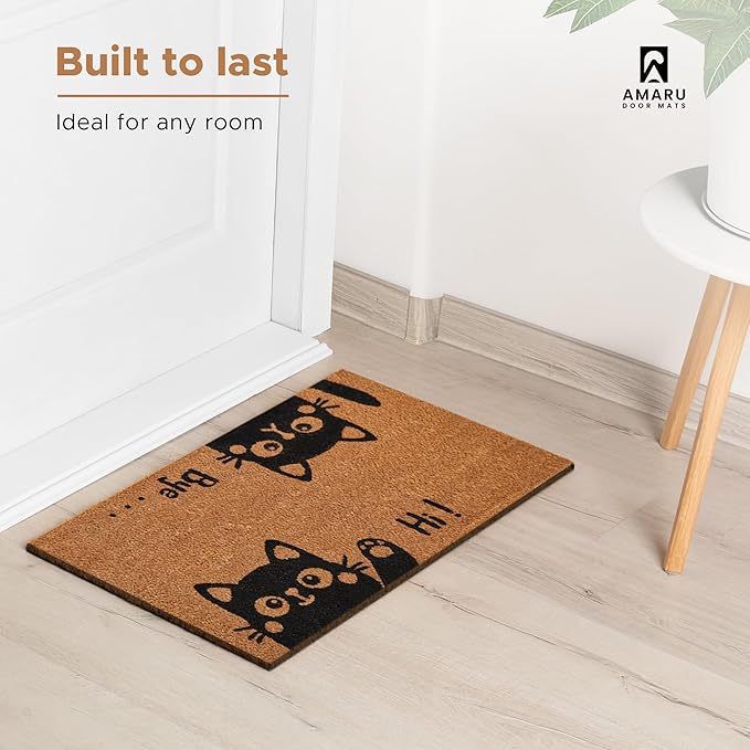 Hi-Bye Cat - 24"x36" - Coir Door Mat with Heavy Duty Backing - Welcome Mats for Entryway, Porch - Anti-Slip PVC & Coconut Fiber Surface - Natural Home Accessories, Minimalist Original Design