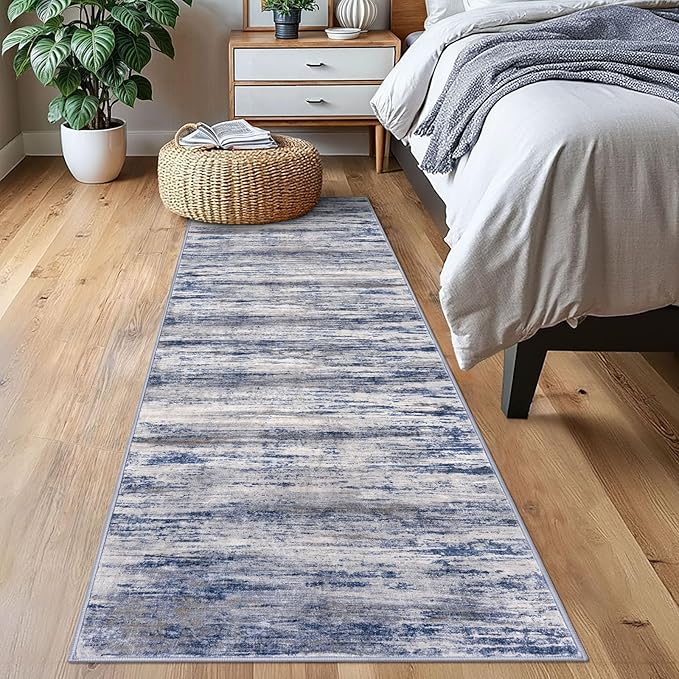 KOZYFLY Modern Abstract Washable Rug Runner 2x7 Hallway Runner Rug Non-Slip Soft Kitchen Runner Rugs, Print Grey-Blue Striped Carpet Runner for Entryway Bathroom Laundry Room Foyer