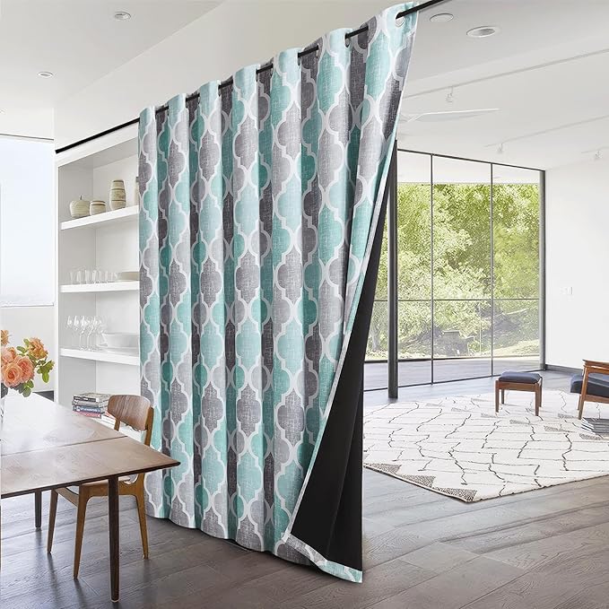 Beauoop 100% Blackout Curtains 84 Inches Long for Patio Sliding Door Aqua Grey Extra Wide Moroccan Geo Room Darkening Thermal Soundproof Room Divider Grommet Window Treatment Drapes,100x84 Set of 1