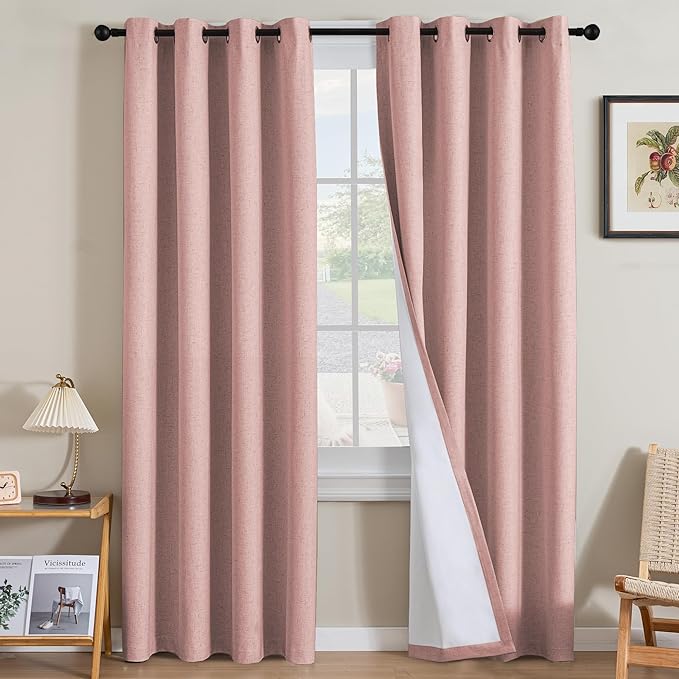 H.VERSAILTEX Linen Curtains 100% Blackout Curtains for Bedroom 108 inch Long Full Light Blocking Nature Linen Blended Window Curtains for Living Room Nickel Grommet (2 Panels, Heathered Baby Pink)