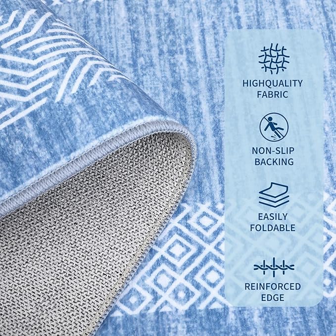 GarveeHome Modern Geometric Area Rug 2x3 Distressed Bordered Washable Non Slip Floor Small Carpet Non Shedding Thin Soft Low Pile Rug, Contemporary Gray Rug for Dining Room, Living Room Light Blue