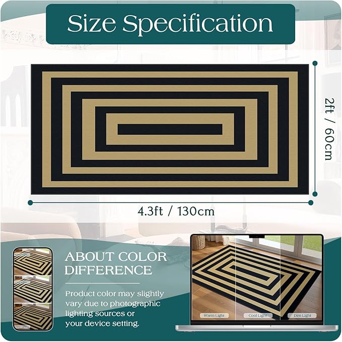 Front Door Mat Indoor Entrance - 2x4.3 Ft Modern Washable Layered Doormat Outdoor Entrance Porch Rug Non-Slip Black Tan Geometric Border Runner Rug for Kitchen Bedroom Laundry Room Porch Decor