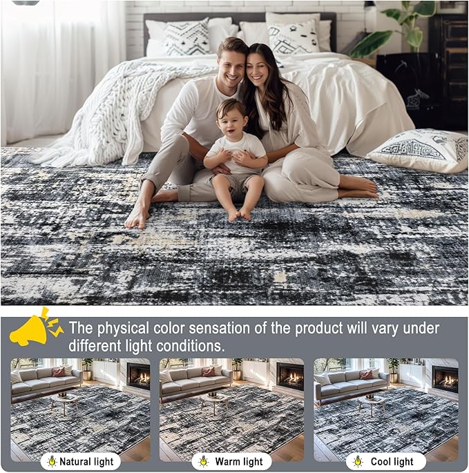 Area Rugs 10x12 Living Room - Washable Rug Modern Abstract Soft Large Neutral Non-Slip Carpet Indoor Floor Thin Carpets for Bedroom Dining Room Farmhouse Nursery Home Office Black Gold