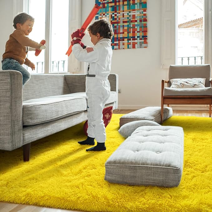 Amearea Shag Fluffy Area Rug for Bedroom Girls Living Room, Extra Soft and Fuzzy Shaggy Rugs, Non Slip, Solid Color Carpet Mat for Boys Nursery Home, Yellow 5x8 Feet