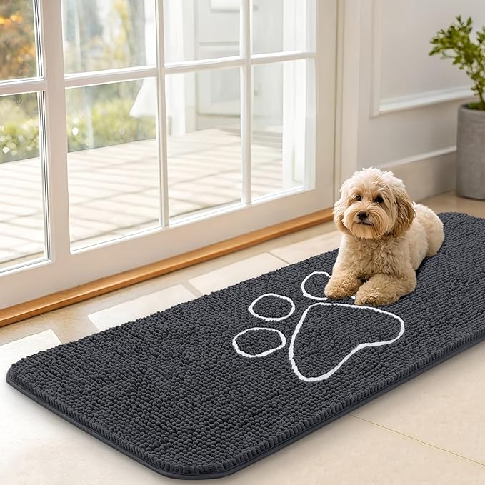 OLANLY Dog Door Mat for Muddy Paws 47x17, Paw Print Design, Absorbs Moisture and Dirt, Absorbent Non-Slip Washable Doormat, Quick Dry Chenille Mud Mat for Dogs, Entry Indoor Entryway Carpet, Dark Grey
