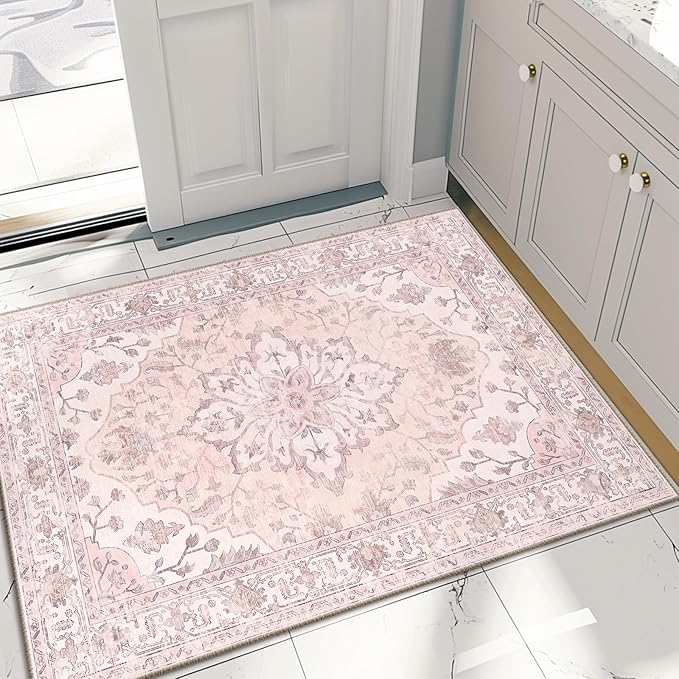 RELEANY Area Rugs 2'6''x4' Kitchen Rugs Entry Rug Small Rugs for Entryway Kitchen Bathroom Door Mat Indoor Entrance,Washable Non Slip, Pink Greypink Cute