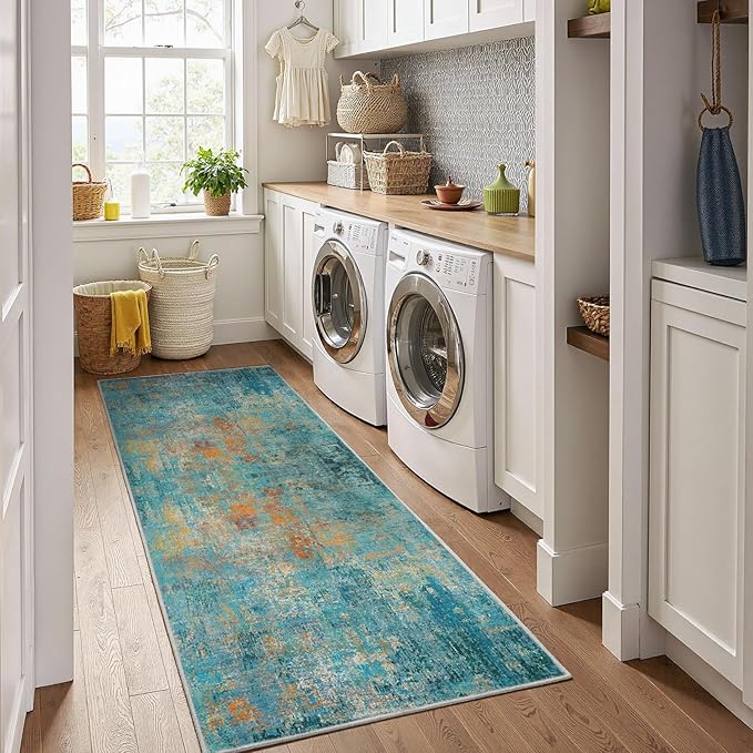 Washable Area Rugs 2'x10' Non-Slip Modern Abstract Soft for Living Room Entryway Bedroom Nursery, Print Pattern, Teal Blue Green Orange Rust Red Coloreful