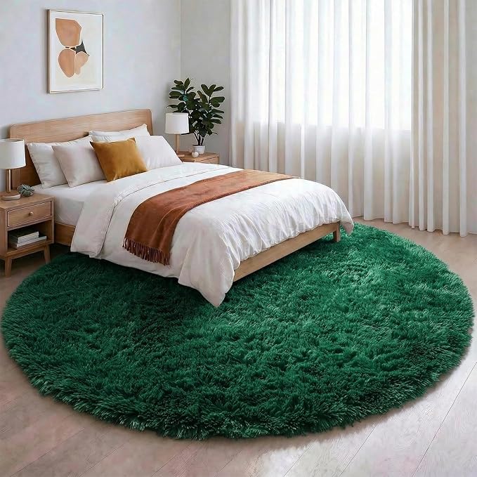 Amdrebio Dark Green Round Rug 6Ft for Living Room Bedroom, Fluffy Thick Floor Circle Area Rugs for Kids Room Decor, Furry Shag Rug for Baby Nursery, Teens Dorm, Fuzzy Plush Cool Emerald Green Carpet