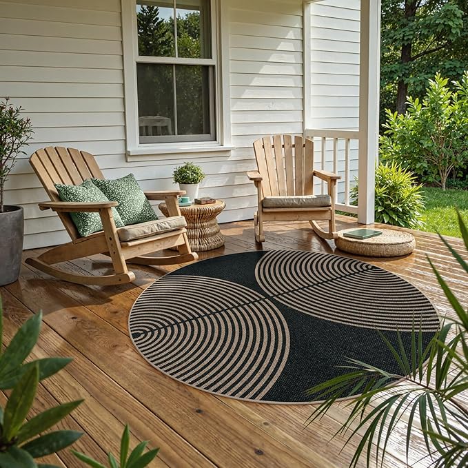 Lahome Enfys Modern Rainbow Round Rug, 6ft Easy Jute Circle Patio Rug Washable Indoor Outdoor Carpet for Living Room, Farmhouse Natural Contemporary Round Mat for Entryway Backyard Porch