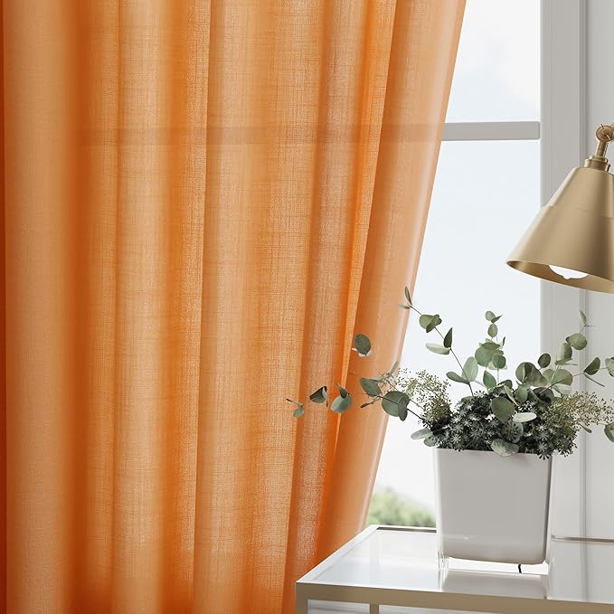 Nanspring Orange Linen Curtains for Bedroom Back Tab Light Filtering Privacy Sheer Curtains Modern Farmhouse Decor Linen Blend Textured Gauze Curtain for Living Room 2 Panels Set 52x72