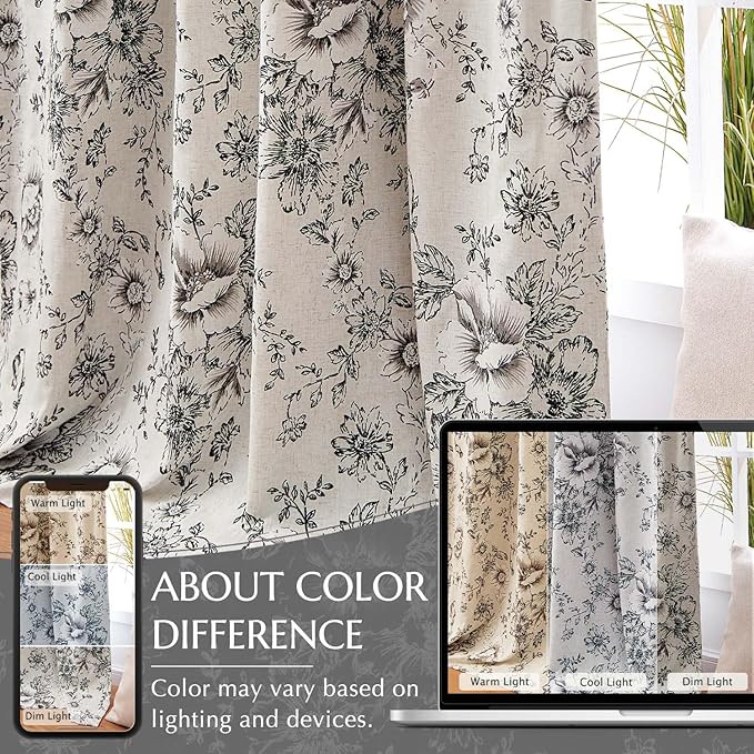 jinchan Blackout Floral Curtains for Living Room Bedroom Linen Blend Curtain Farmhouse Black Printed with Lined Back Tab Rod Pocket Drapes Window Treatments 2 Panels 102 Inch
