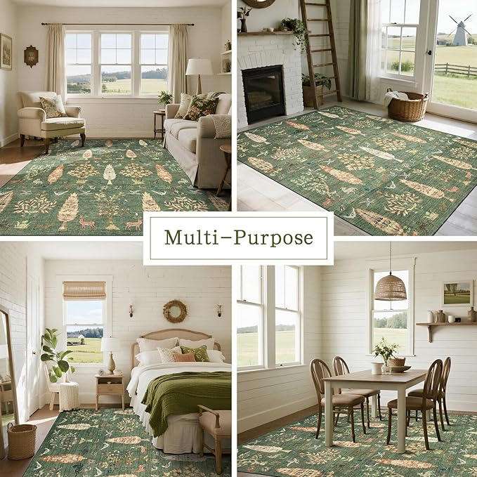 Washable Rugs 8x10 Area Rugs for Living Room,Bedroom,Dining Room- Large Ultra Soft Faux Wool Retro Carpet,Non Slip&Non-Shedding Low Pile Vintage Print Rug for Home Office Dorm-Grass Green