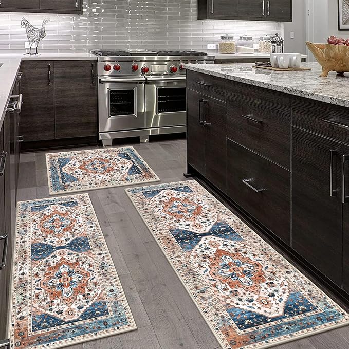 HEBE Boho Kitchen Rug Sets 3 Piece with Runner Non Slip Kitchen Rugs and Mats Washable Kitchen Mats for Floor Thick Kitchen Floor Mat Carpet Runner Rugs for Hallway Laundry Holiday Decor