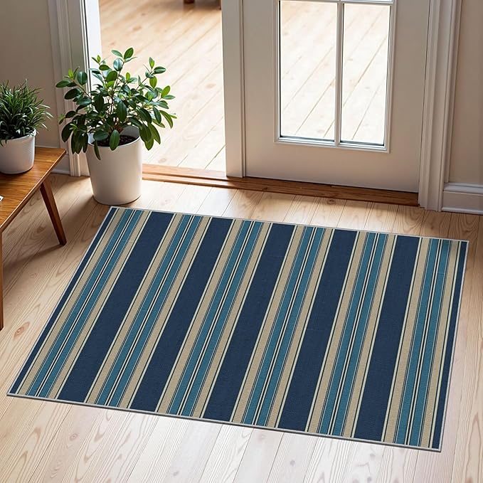 Front Door Mat Outside Entrance - 2x3 Striped Non-Slip Washable Welcome Doormat Indoor Outdoor Entrance Navy Blue Coastal Rug Small Throw Rugs for Entryway Bedroom Kitchen Front Porch Decor